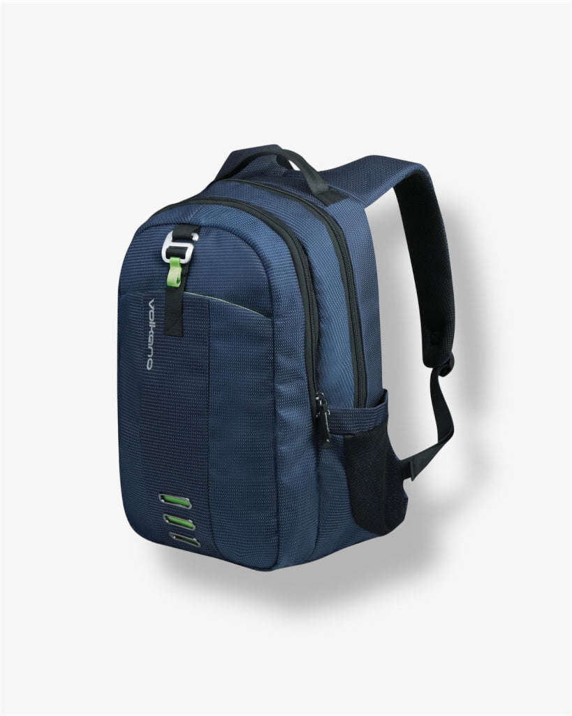 Blue backpack with black straps on a light gray background
