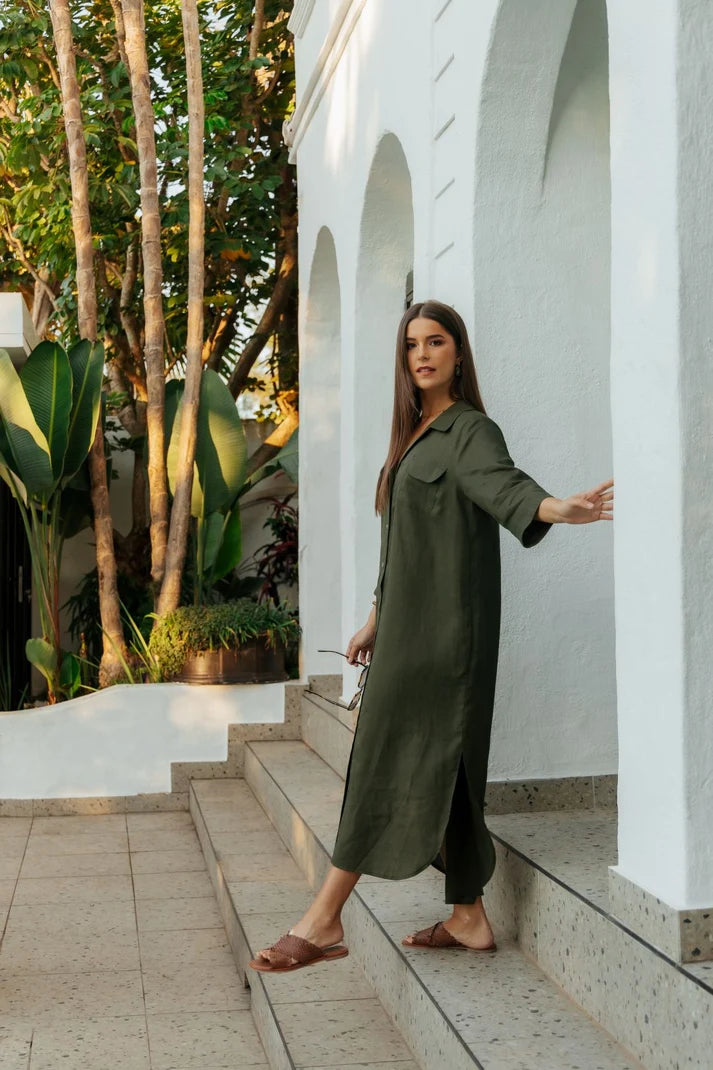 Horizon Dress in Olive Linen