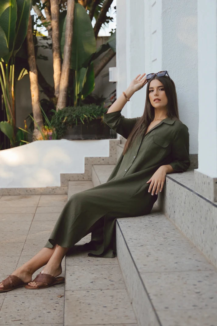 Horizon Dress in Olive Linen