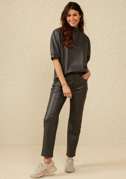 Straight Leg Faux Leather Trousers in Pinstripe Grey