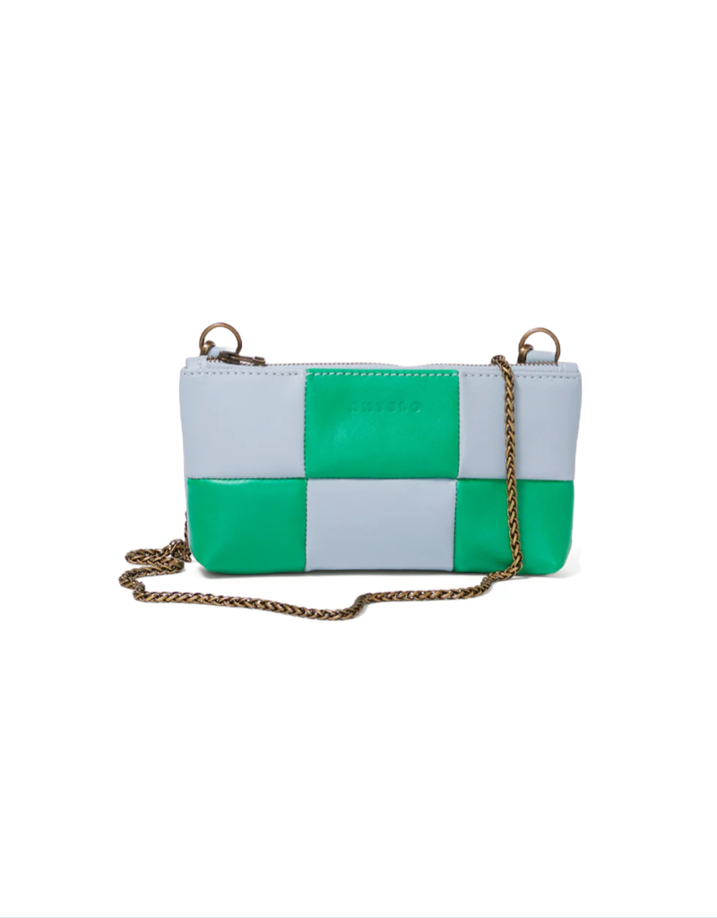 Anouk Checkered Leather Crossbody Clutch in Aqua Sky/Amazon Green