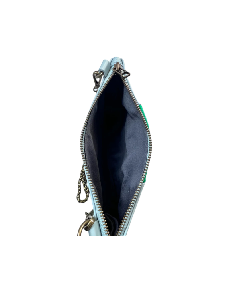 Anouk Checkered Leather Crossbody Clutch in Aqua Sky/Amazon Green