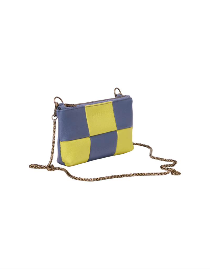 Anouk Checkered Leather Crossbody Clutch in Orion Blue/Pebble Chartreuse