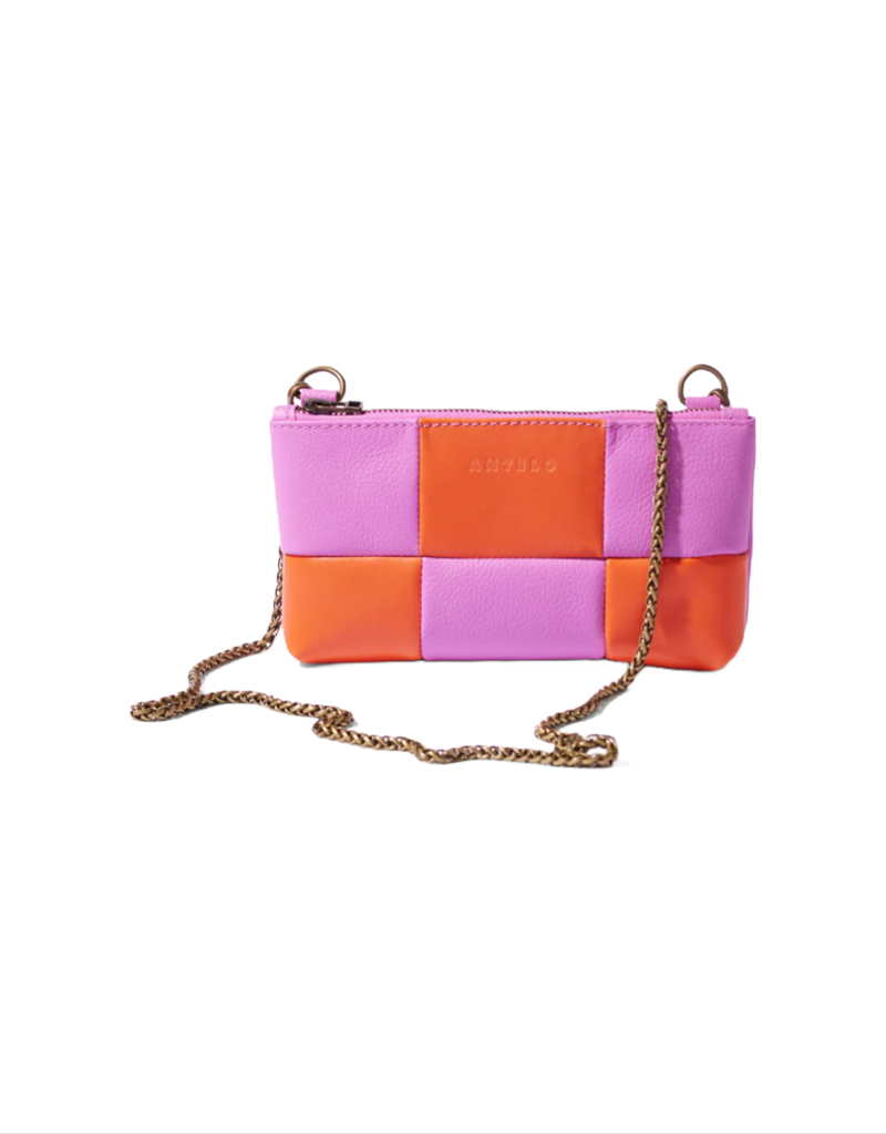 Anouk Checkered Leather Crossbody Clutch in Purple Pebble/Koi Orange
