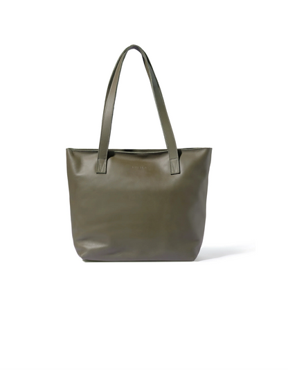 Emmy Unlined Leather Tote with Zip in Khaki Green