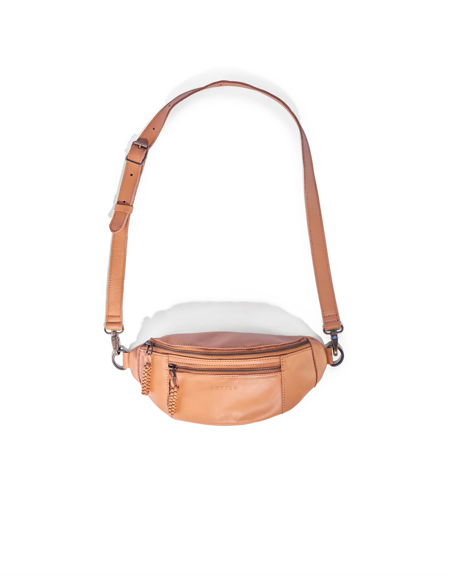 River Adjustable Leather Moonbag Crossbody in Almond Tan