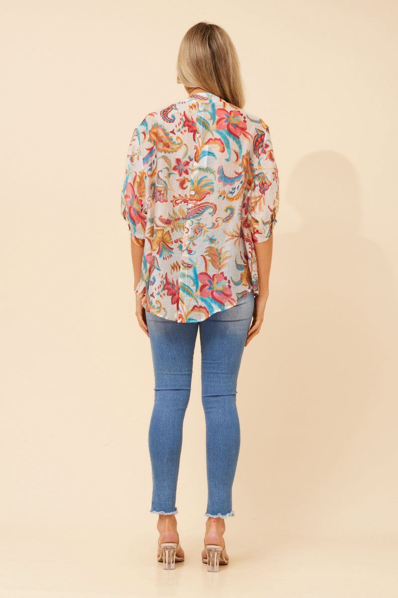 Back Button 3/4 Sleeve Blouse in Multi Pink