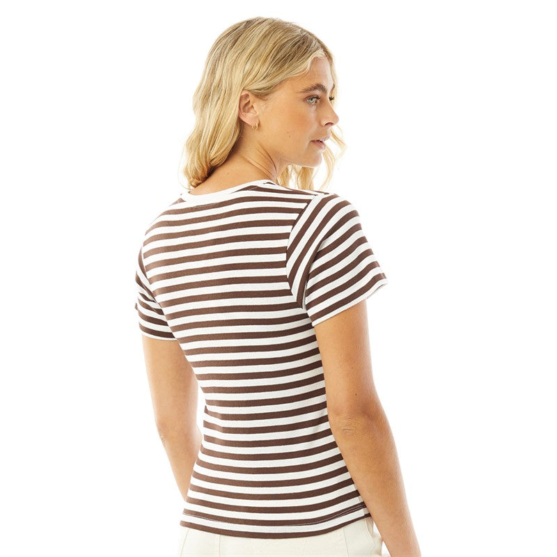 Zendaya Crew Neck Striped Tee in White / Chocolate