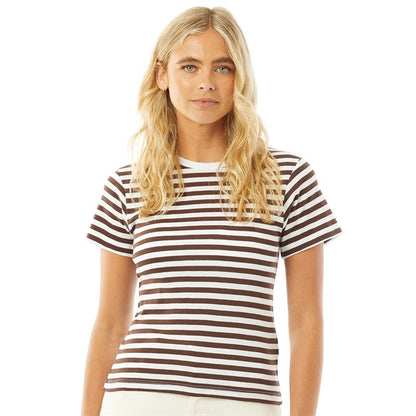 Zendaya Crew Neck Striped Tee in White / Chocolate