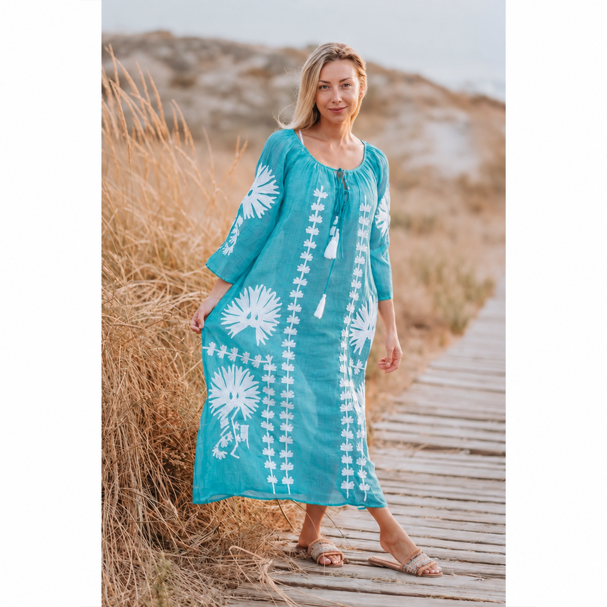 Bloom Embroidered Maxi Dress in Teal