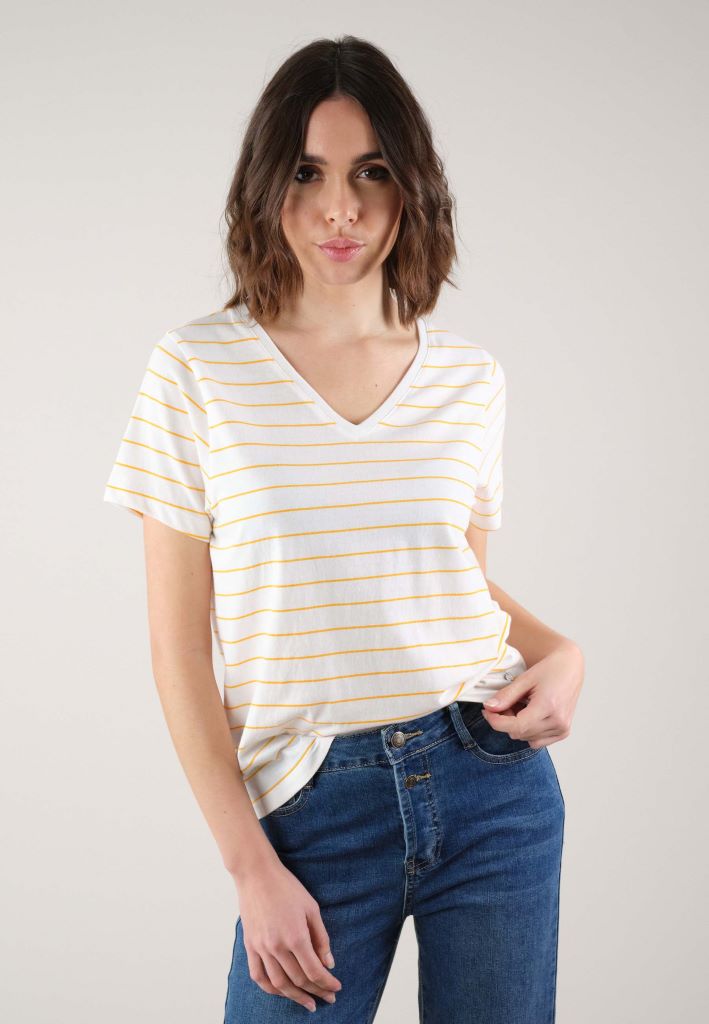 Binti V-Neck Stripe T-Shirt in Clementine