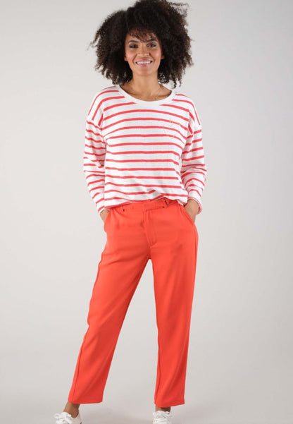 Manila Fleece Crew Neck Stripe Top in Coral