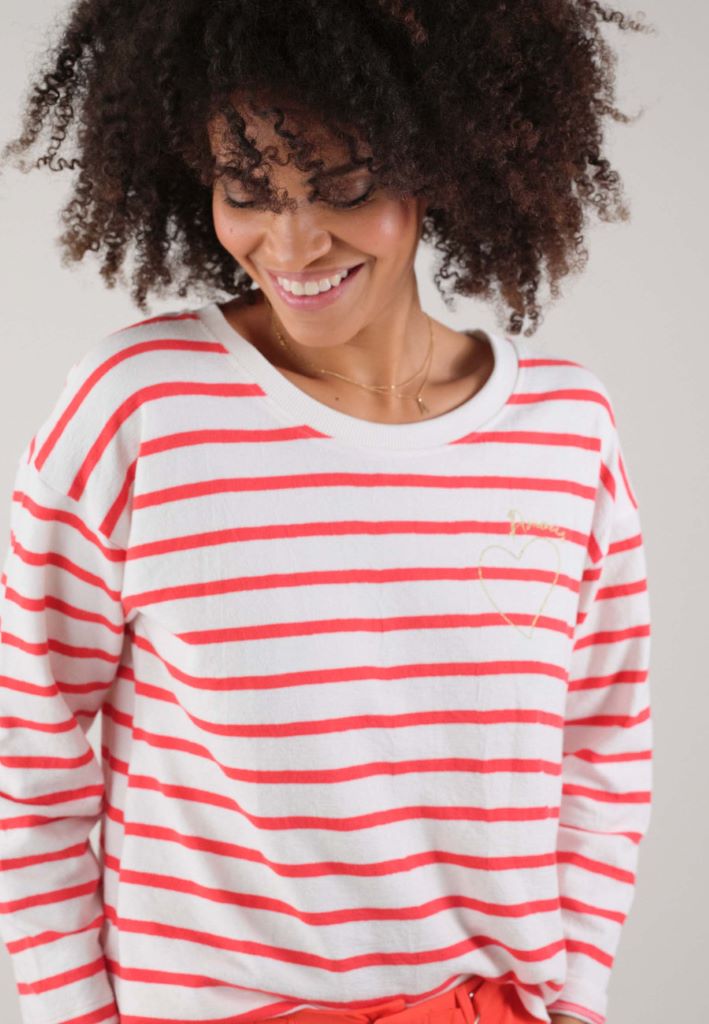 Manila Fleece Crew Neck Stripe Top in Coral