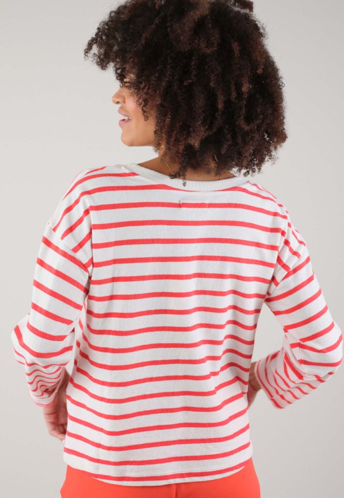 Manila Fleece Crew Neck Stripe Top in Coral