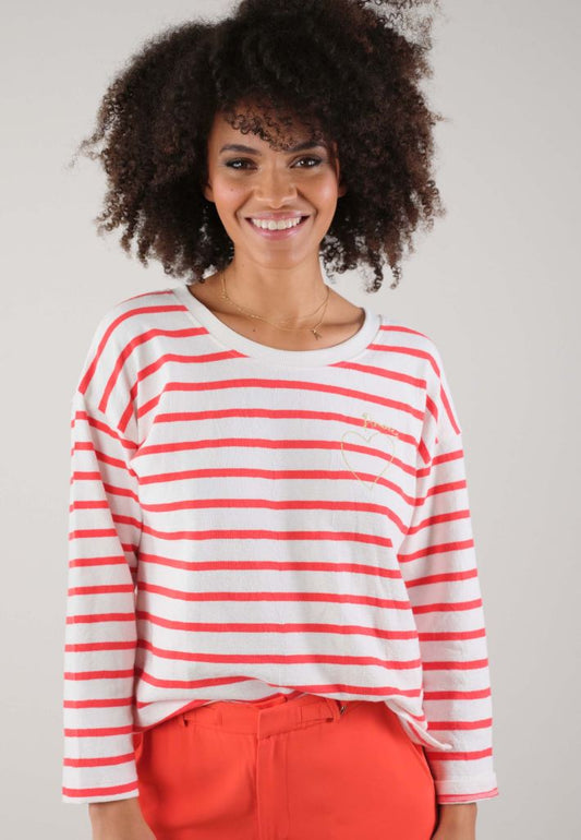 Manila Fleece Crew Neck Stripe Top in Coral