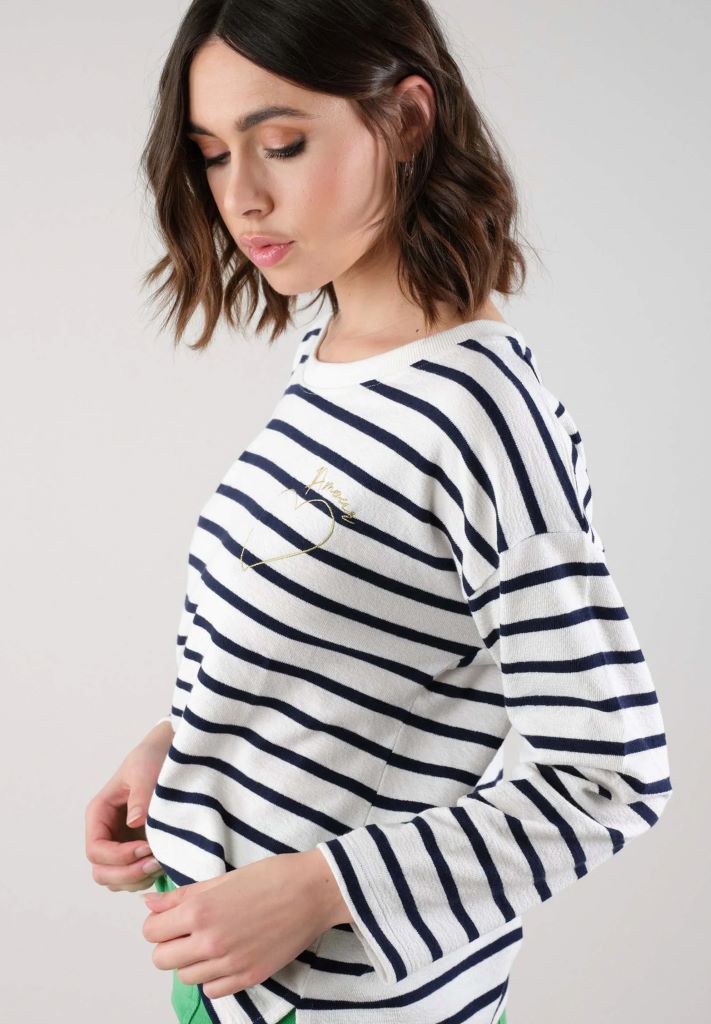 Manila Fleece Crew Neck Stripe Top in Navy