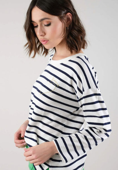 Manila Fleece Crew Neck Stripe Top in Navy