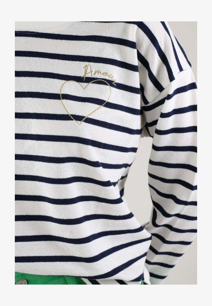 Manila Fleece Crew Neck Stripe Top in Navy