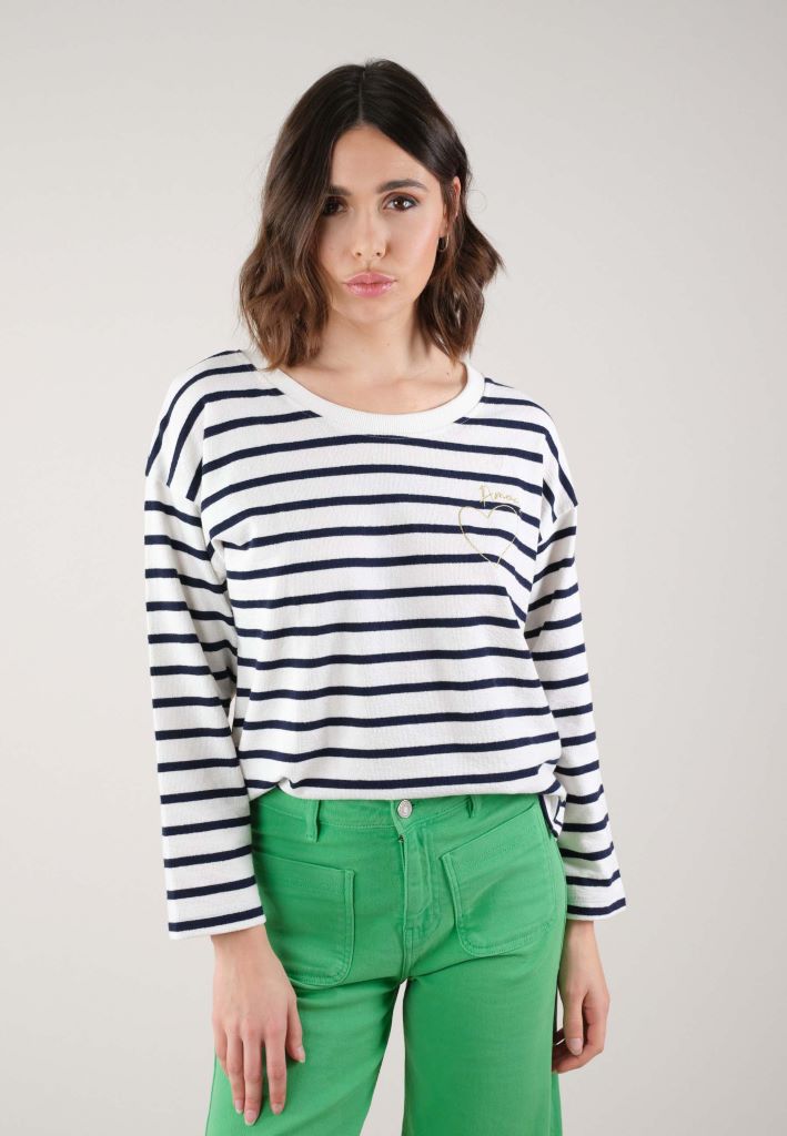 Manila Fleece Crew Neck Stripe Top in Navy