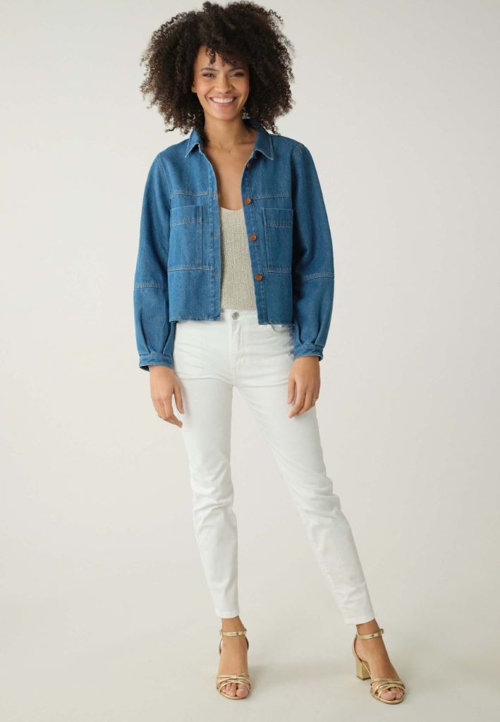 Denim jacket with button up shirt online