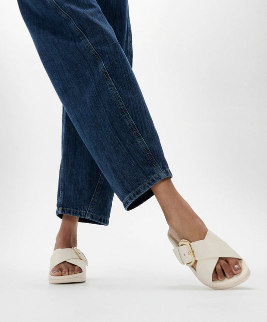 Lulu Resin Buckle Leather Cross Slide in Paris Beige