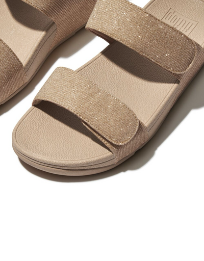 Lulu Adjustable Shimmerlux Slide in Latte Beige