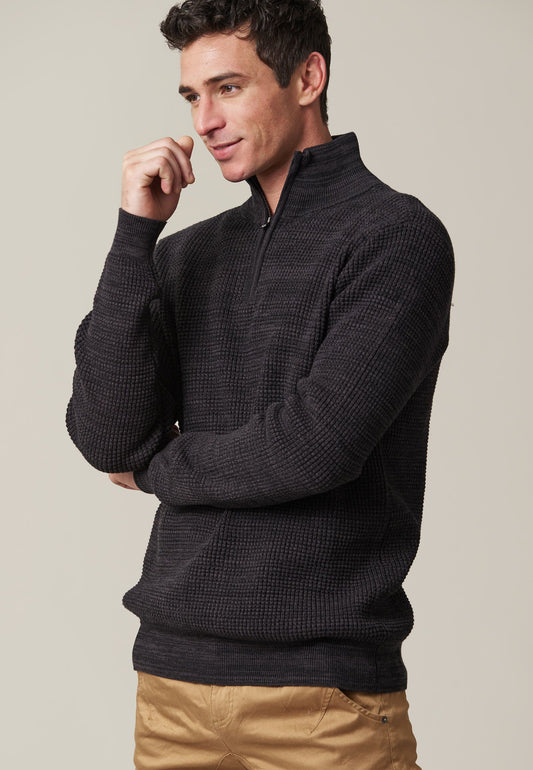 Henley 1/4 Zip Cotton Pullover in Black