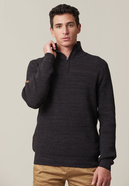 Henley 1/4 Zip Cotton Pullover in Black