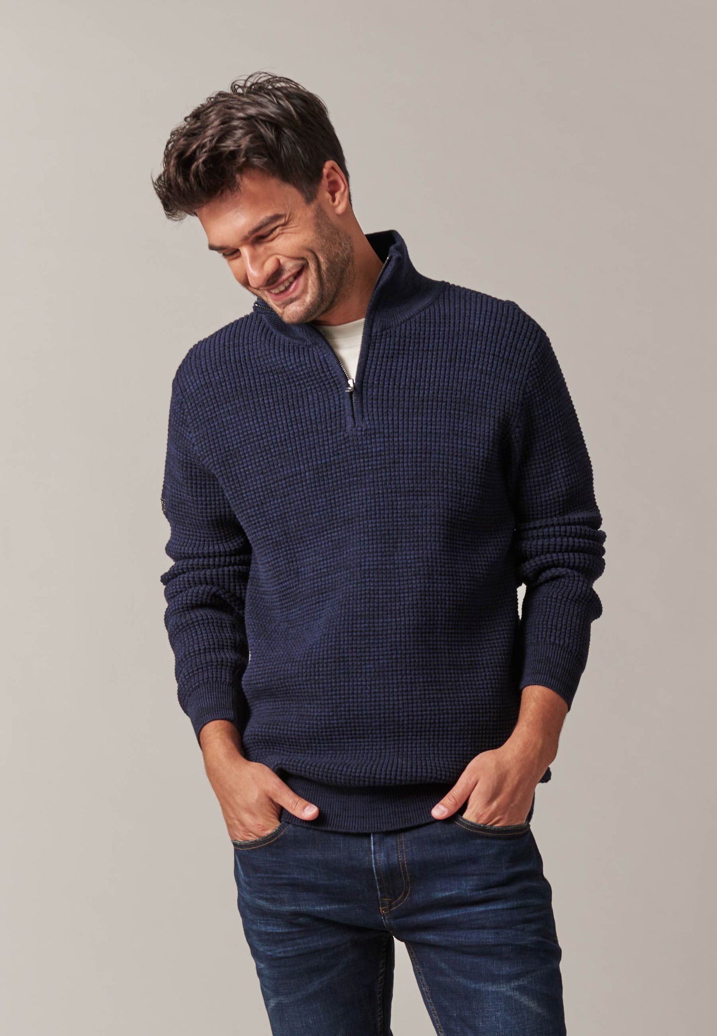 Henley 1/4 Zip Cotton Pullover in Indigo