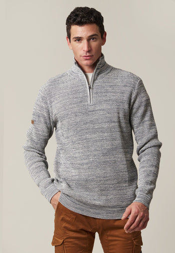 Henley 1/4 Zip Cotton Pullover in Light Grey Melange