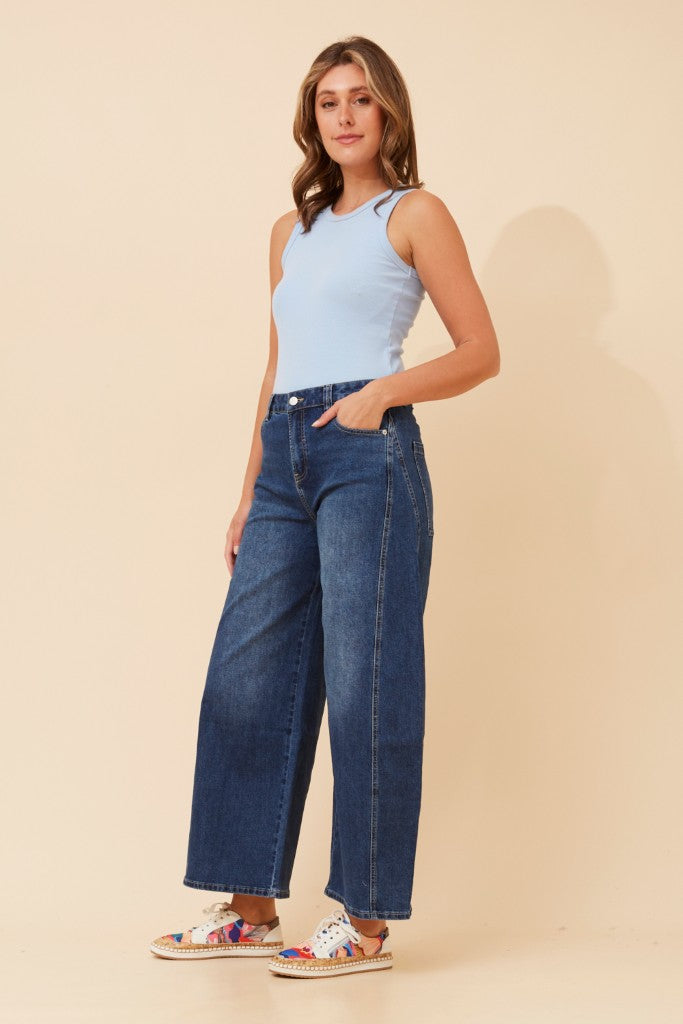 Mid Waist Wide Leg Crop Jeans in Dark Wash