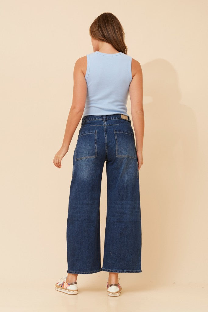 Mid Waist Wide Leg Crop Jeans in Dark Wash