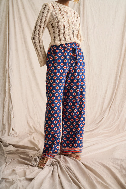 Ikat Paperbag Pants in Navy Print