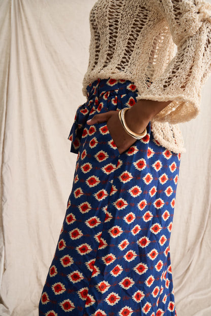 Ikat Paperbag Pants in Navy Print