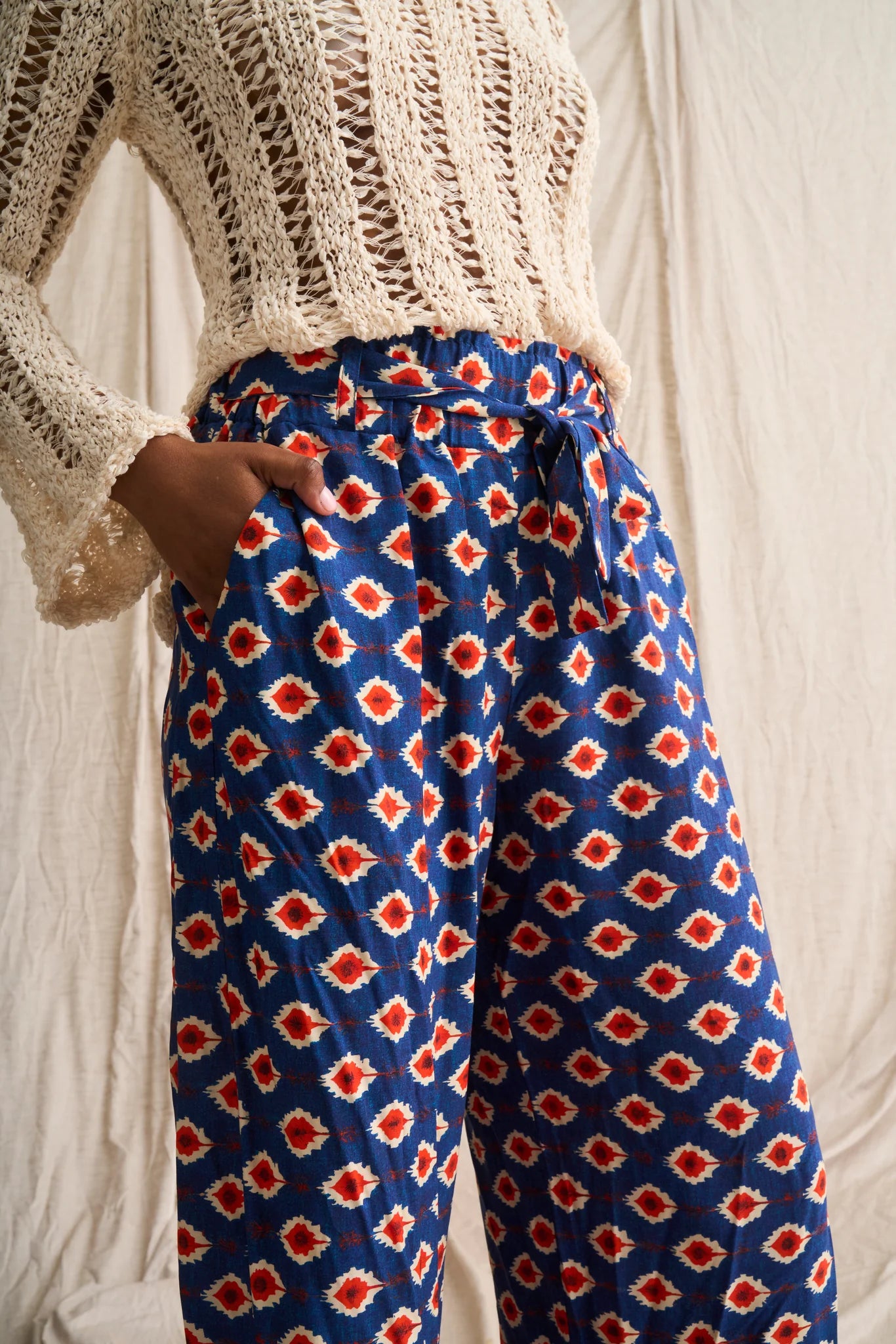 Ikat Paperbag Pants in Navy Print