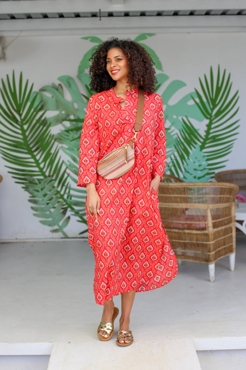 Pilgrim Printed Cotton Dress in Coral