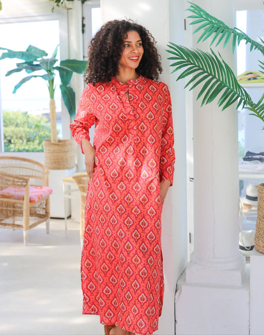 Pilgrim Printed Cotton Dress in Coral