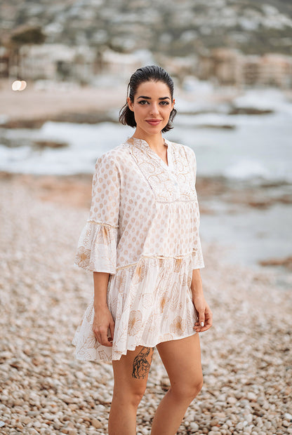 Tiered Cotton Dress in Cream/Sand