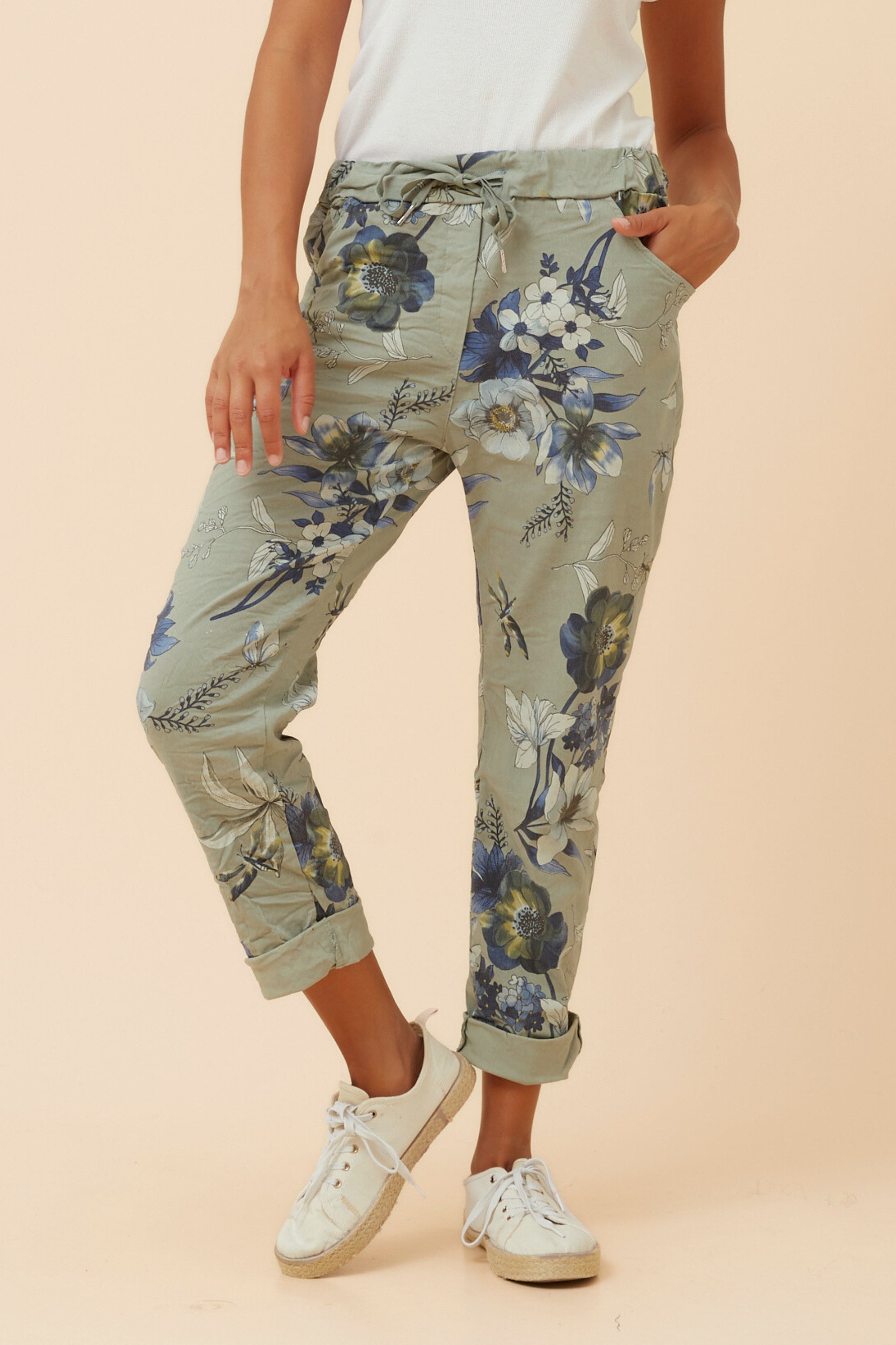 Italian Floral Printed Jogger In Sage