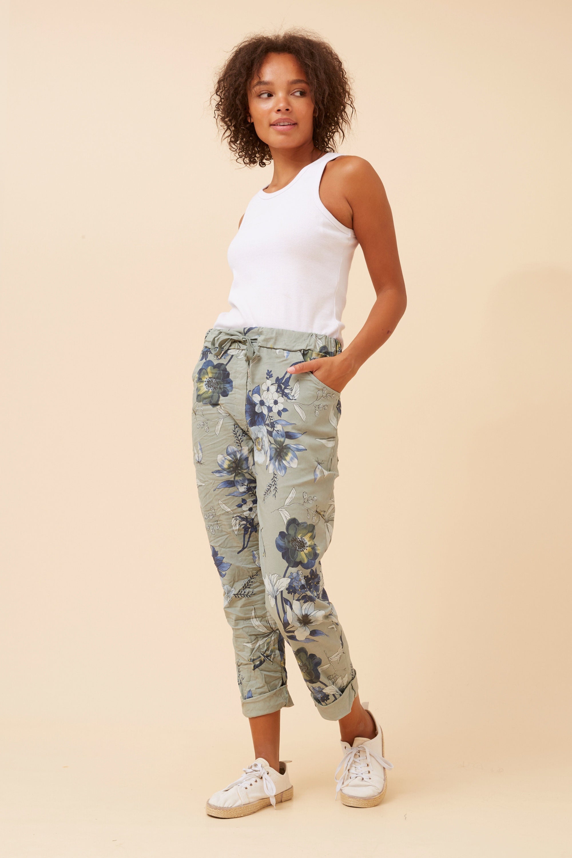 Italian Floral Printed Jogger In Sage