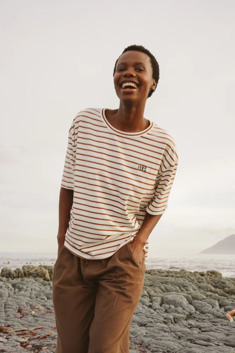 Shelly Cotton Tee in Chocolate / White Stripe