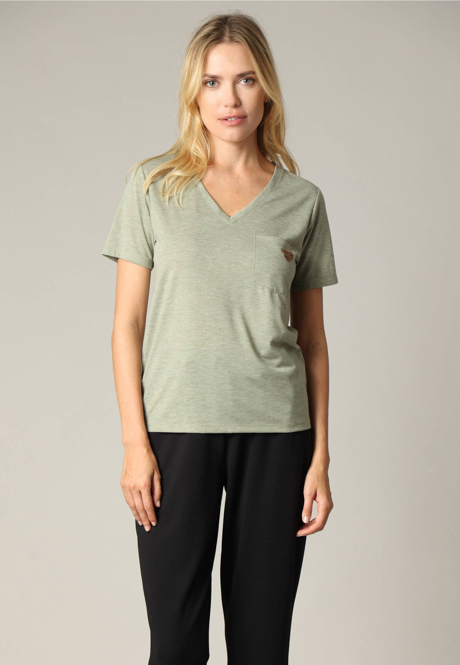Kellie Beaded Heart Tee in Light Khaki Marl