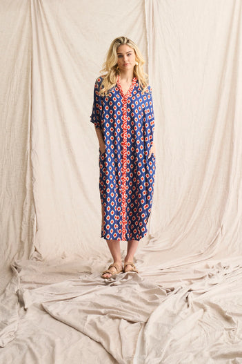 Kelly Kaftan Tunic Dress in Navy Print