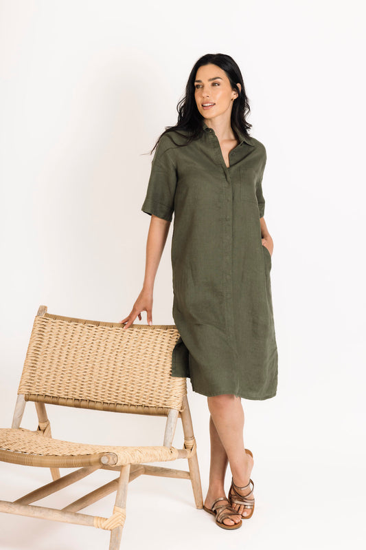 Longer Length Linen Shirt Dress in Olive