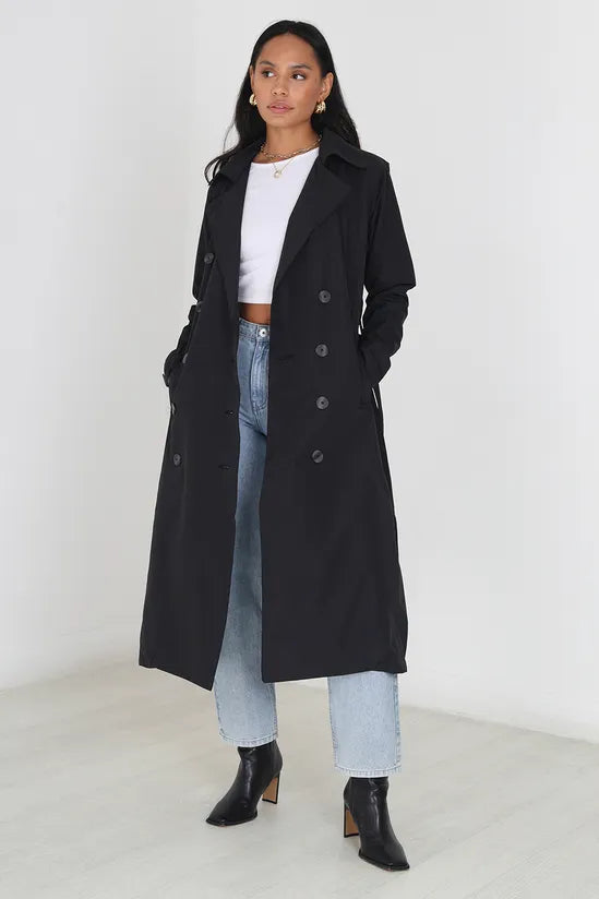 Double-Breasted Longline Trench Coat in Black