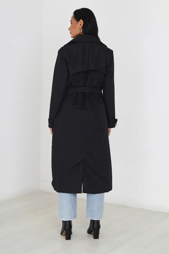 Double-Breasted Longline Trench Coat in Black