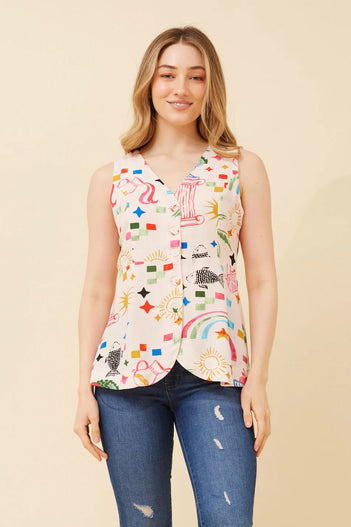 Printed Linen Blend Waistcoat