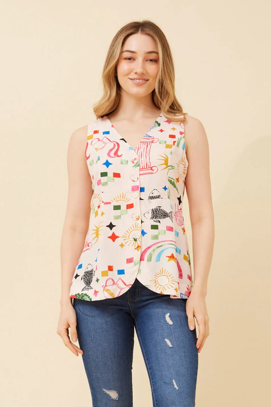 Printed Linen Blend Waistcoat