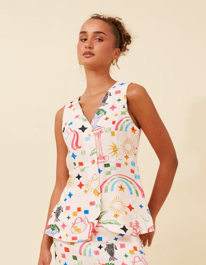 Printed Linen Blend Waistcoat