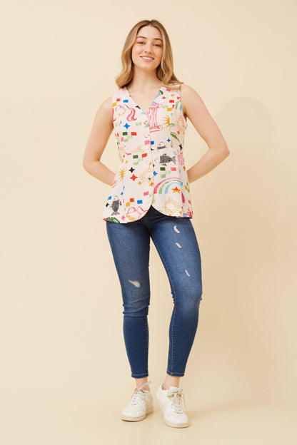 Printed Linen Blend Waistcoat